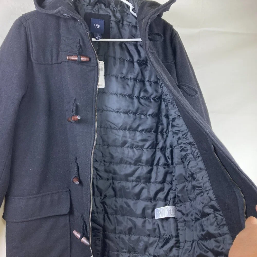 NWT Gap Womens‎ Sz S Wool Duffle Coat W/ Hood Toggle Buttons Black Pea Coat